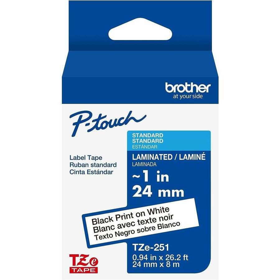 Brother Genuine P-touch TZe251 BK on WHT Label Tape, Laminated, 24mmX8m - 15/16" Width - White - Laminated - Water Resistant - 1 Each