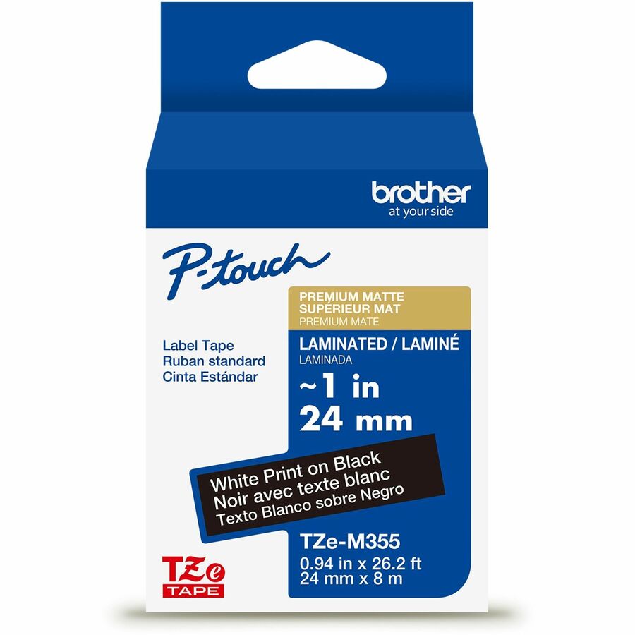 Brother Genuine P-touch TZeM355 WHT on BK Label Tape, Premium Matte Laminated, 24mmX8m - 15/16" Width - Matte Black - Laminated - Water Resistant - 1 Each