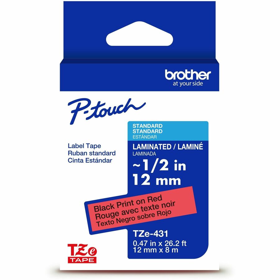 Brother Genuine P-touch TZe431 BK on RD Label Tape, Laminated, 12mmX8m - 15/32" Width - Red - Laminated - Water Resistant - 1 Each