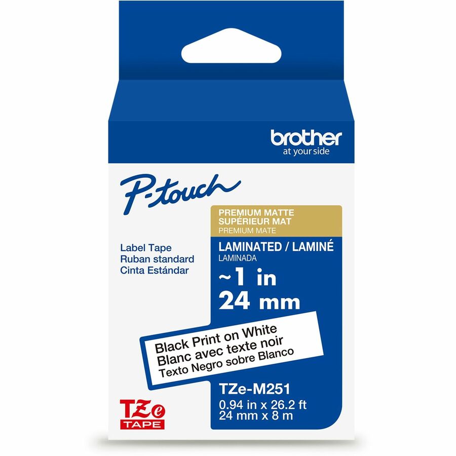Brother Genuine P-touch TZeM251 BK on WHT Label Tape, Premium Matte Laminated, 24mmX8m - 15/16" Width - Matte White - Laminated - Water Resistant - 1 Each