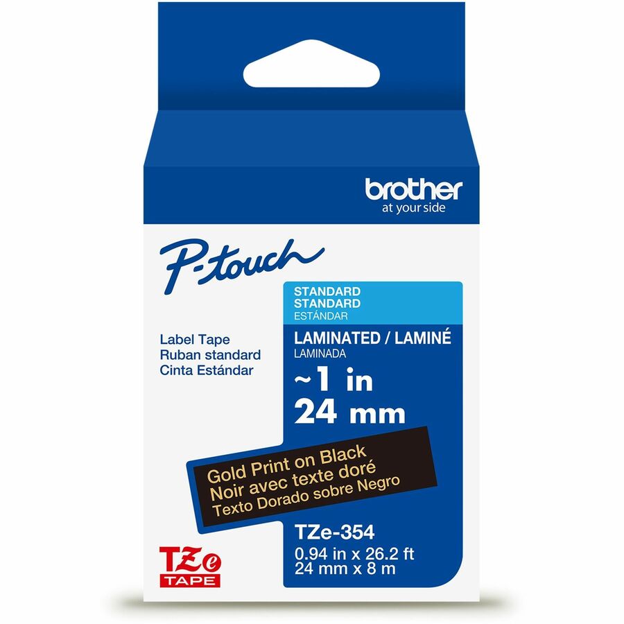 Brother Genuine P-touch TZe354 GLD on BK Label Tape, Laminated, 24mmX8m - 15/16" Width - Black - Laminated - Water Resistant - 1 Each