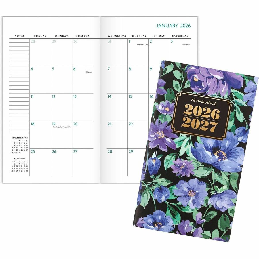 At-A-Glance Badge Floral Two-Year Monthly Planner - Pocket - Monthly - 24 Month - January 2027 to December 2028 - 1 Month Double Page Layout - 3 1/2" x 6" Sheet Size - 1" x 0.81" Block - Stapled - Badge Floral - Paper - 1 Each