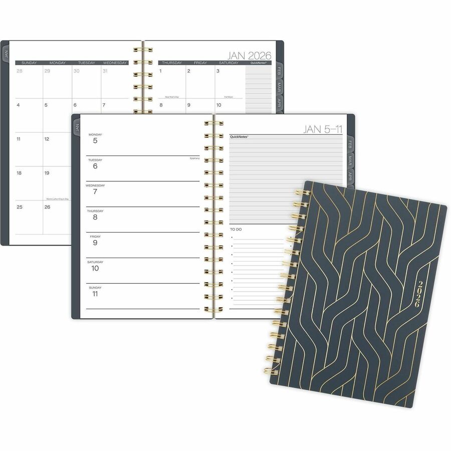 At-A-Glance Hera Weekly Monthly Planner - Weekly, Monthly - 12 Month - January 2027 to December 2027 - 1 Week Double Page Layout - 5 1/2" x 8 1/2" Sheet Size - Twin Wire - Black, Gold - Poly Cover - 1 Each