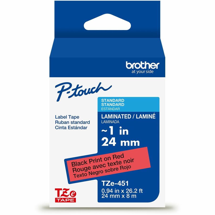 Brother Genuine P-touch TZe451 BK on RD Label Tape, Laminated, 24mmX8m - 15/16" Width - Black on Red - Laminated - Water Resistant - 1 Each