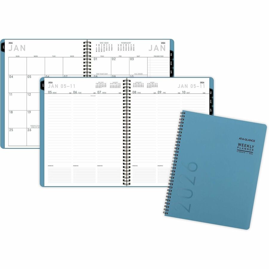 At-A-Glance Contemporary Lite Planner - Weekly, Monthly - 12 Month - January 2027 to December 2027 - 1 Week, 1 Month Double Page Layout - 8 1/4" x 11" Sheet Size - Twin Wire - Blue - Paper - Mineral Blue Faux Leather Cover - 1 Each