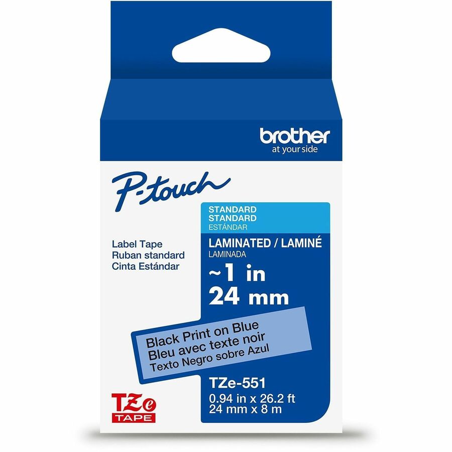 Brother Genuine P-touch TZe551 BK on BK Label Tape, Laminated, 24mmX8m - x 15/16" Width - Blue - Polyester - Water Resistant - Laminated - 1 Each