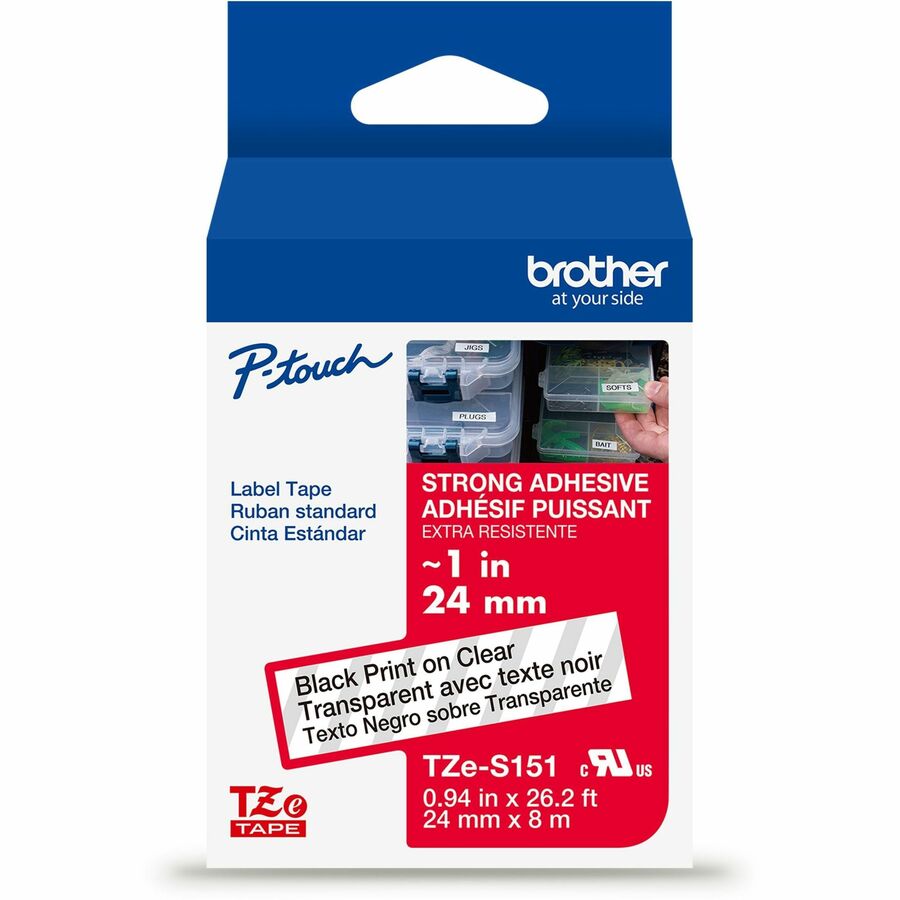 Brother Genuine P-touch TZeS151 BK on CLR Label Tape, Strong Adhesive Lam., 24mmX8m - 15/16" Width - Clear - Laminated - Water Resistant - 1 Each