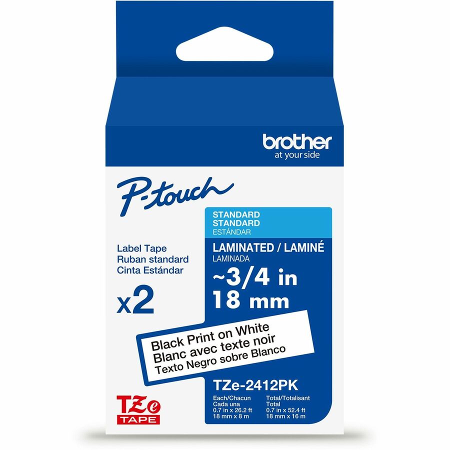 Brother Genuine P-touch TZe2412PK BK on WHT Label Tapes, Laminated, 18mmX8m each - x 45/64" Width x 26 1/5 ft Length - White - Laminate - Water Resistant - Laminated - 2 / Pack
