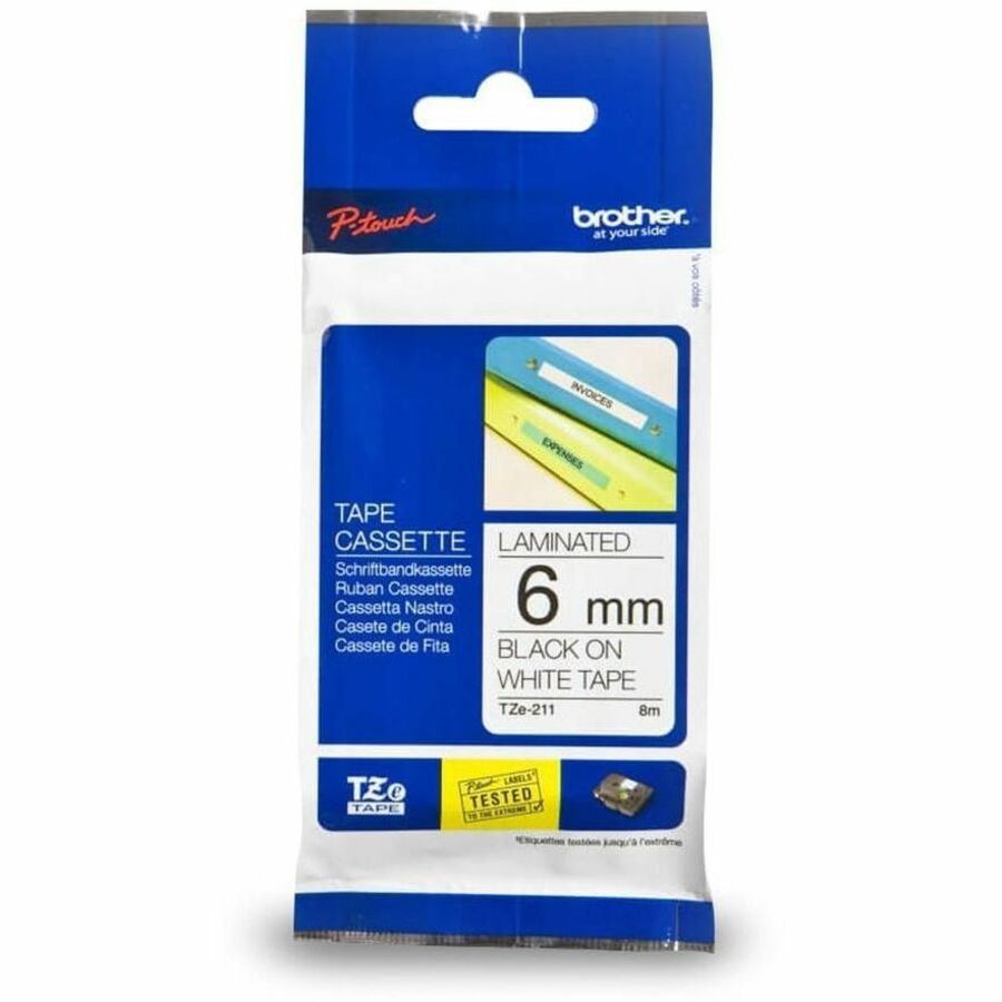 Brother Genuine P-touch TZe211 BK on WHT Label Tape, Laminated, 6mmX8m - x 15/64" Width - White - Polyethylene Terephthalate (PET) - Water Resistant - Laminated - 1 Each
