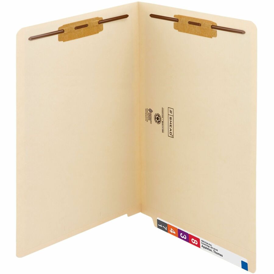 Smead Straight Tab Cut Legal Fastener Folder - 8 1/2" x 14" - 3/4" Expansion - 2 x 2B Fastener - 2" for Folder - End Tab Location - 11 pt. - 2 Plys - Manila - Embossed - 10% Recycled - 50 / Box