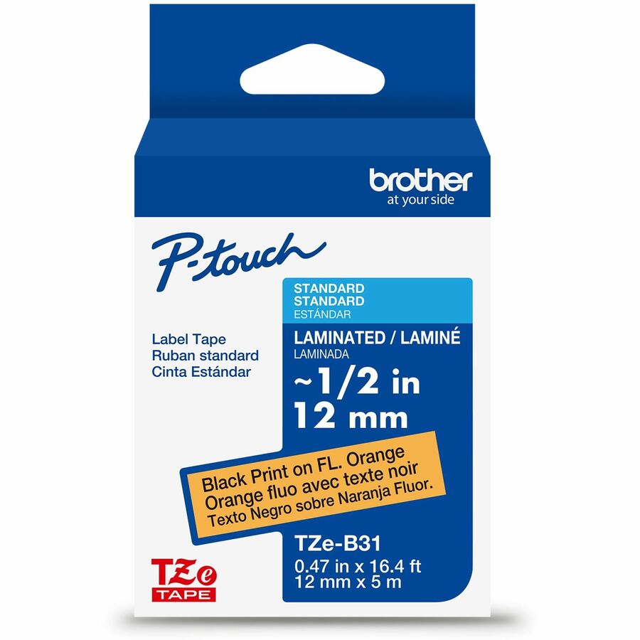 Brother Genuine P-touch TZeB31 BK on FLUOR ORG Label Tape, Laminated, 12mmX5m - 15/32" Width - Fluorescent Orange - Laminated - Water Resistant - 1 Each