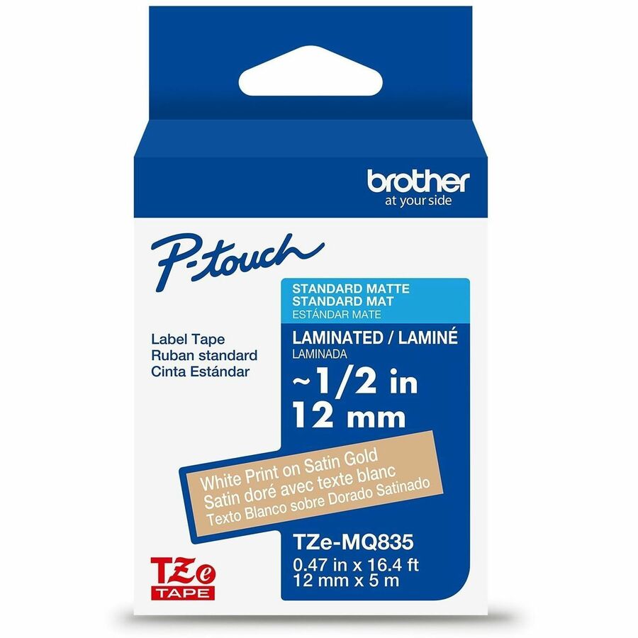 Brother Genuine P-touch TZeMQ835 WHT on SATIN GLD Label Tape, Laminated, 12mmX5m - 15/32" Width - Satin Gold - Laminated - Water Resistant - 1 Each