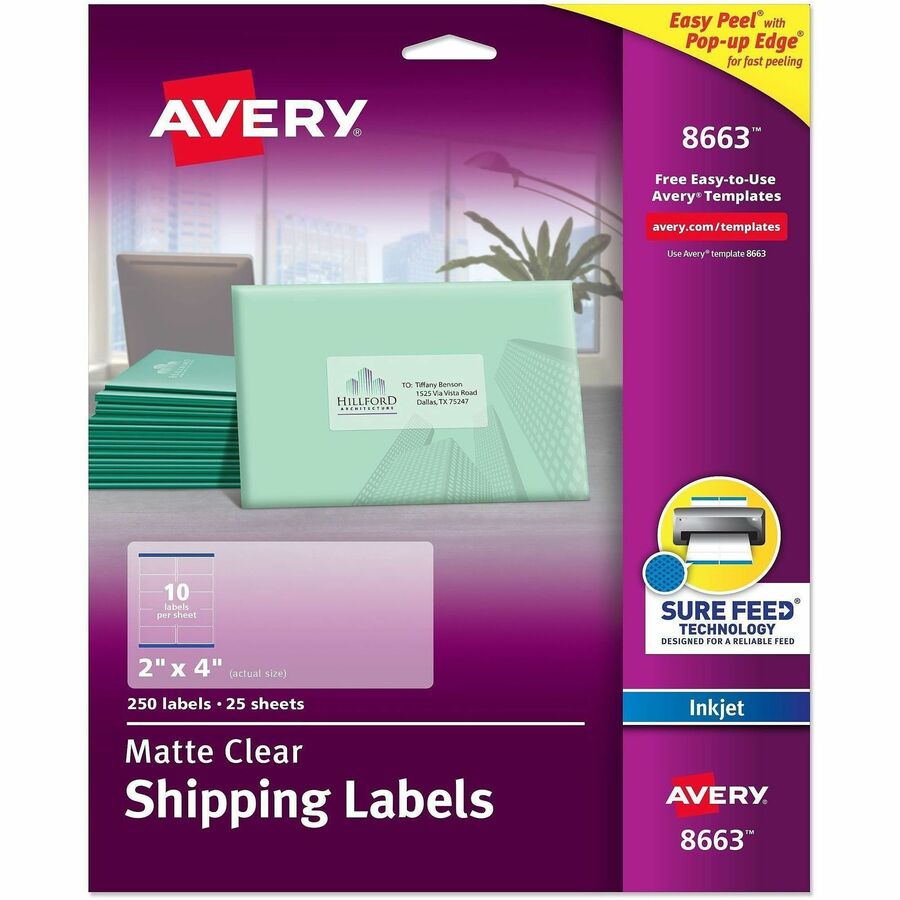 Avery Shipping Labels, Sure Feed, 2" x 4" , 100 Clear Labels (18663) - x 2" Width x 4" Length - Full Sheet - Permanent Adhesive - Rectangle - Inkjet - Matte - Clear - Film - 10 / Sheet - 25 Total Sheets - 250 Total Label(s) - For Label Printer - 250 /...