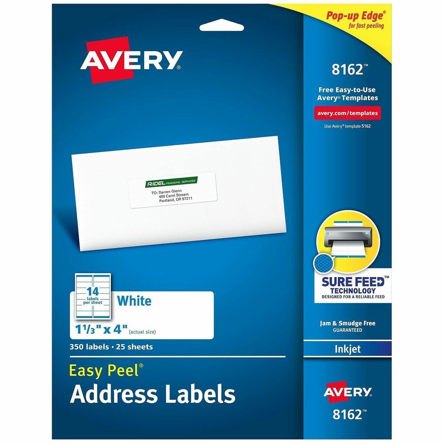 Avery®, Easy Peel Address Labels, 1-1/3" x 4" , 350 Labels (8162) - x 1 21/64" Width x 4" Length - Permanent Adhesive - Rectangle - Inkjet - Matte - White - Paper - 14 / Sheet - 25 Total Sheets - 350 Total Label(s) - For Label Printer - 350 / Pack