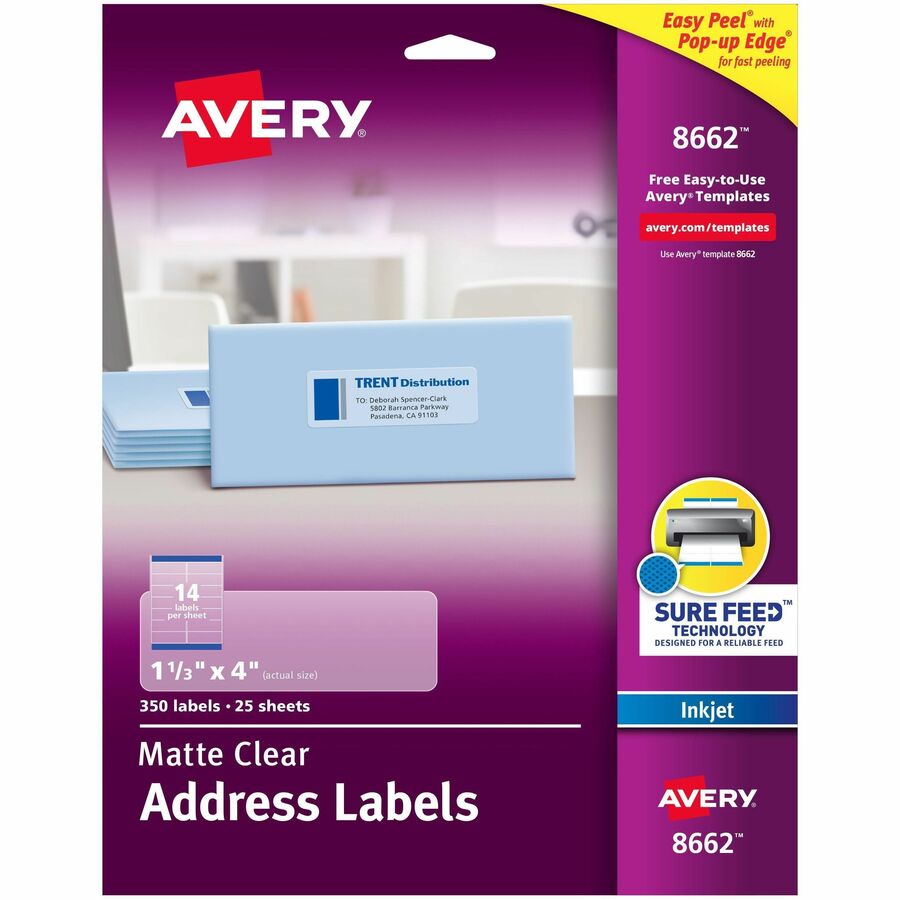 Avery®, Easy Peel Inkjet Printer Mailing Labels - 1 21/64" Width x 4" Length - Permanent Adhesive - Rectangle - Inkjet - Matte - Clear - Film - 14 / Sheet - 25 Total Sheets - 350 Total Label(s) - 350 / Pack
