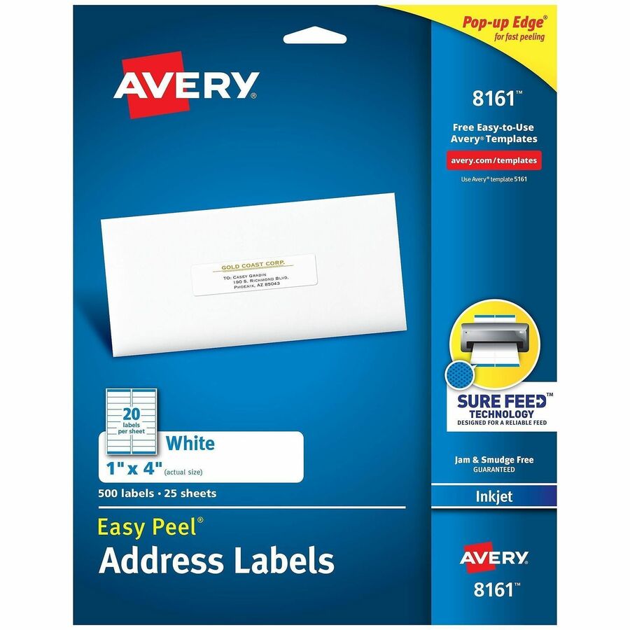 Avery®, Easy Peel White Inkjet Mailing Labels - 1" Width x 4" Length - Permanent Adhesive - Rectangle - Inkjet - White - Paper - 20 / Sheet - 25 Total Sheets - 500 Total Label(s) - 500 / Pack