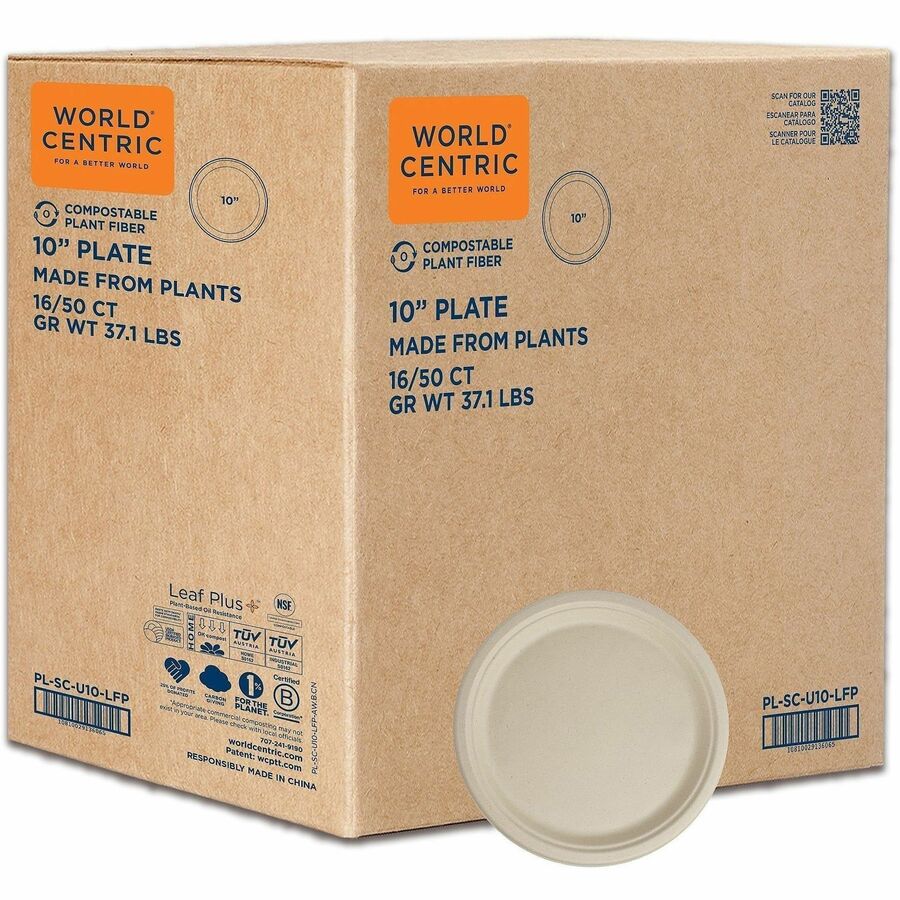 World Centric Compostable Fiber Plate - Food, Picnic, Party - 10" Diameter - Natural - Bamboo, Fiber Body - Round - 800 / Carton