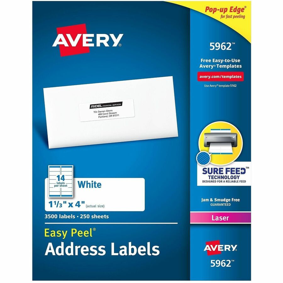 Avery®, Easy Peel Address Labels, 1-1/3" x 4" , 3,500 Labels (5962) - x 1 21/64" Width x 4" Length - Permanent Adhesive - Rectangle - Laser - Matte - White - Paper - 14 / Sheet - 250 Total Sheets - 3500 Total Label(s) - For Label Printer - 3500 / Box