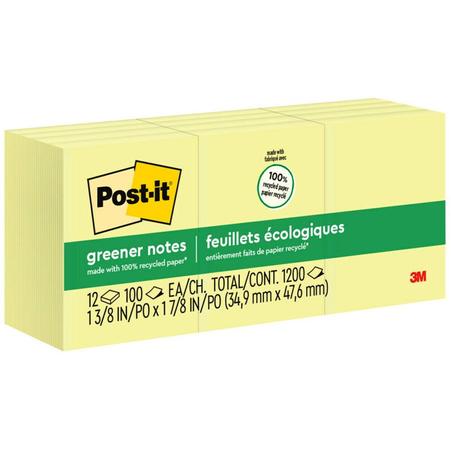 Post-it®, Greener Notes - 1200 - 1 1/2" Flag/Note Width x 2" Flag/Note Length - Rectangle - 100 Sheets per Pad - Unruled - Yellow - Paper - Self-adhesive, Repositionable - Recycled - 1 Pack