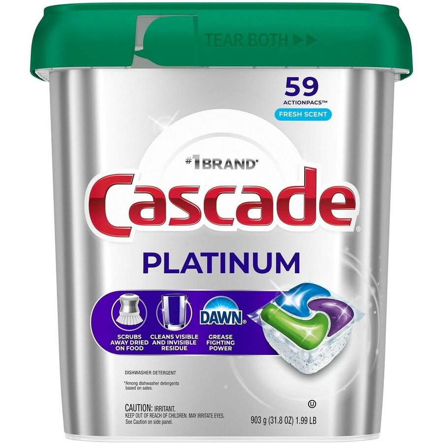 Cascade Platinum ActionPacs - For Glassware, Dish, Dishwasher - Pod - Recommended For: Residue Remover, Dried-on Food Remover, Grease Remover - Enzyme Activated, Kosher - Silver - 59 - 1 Each