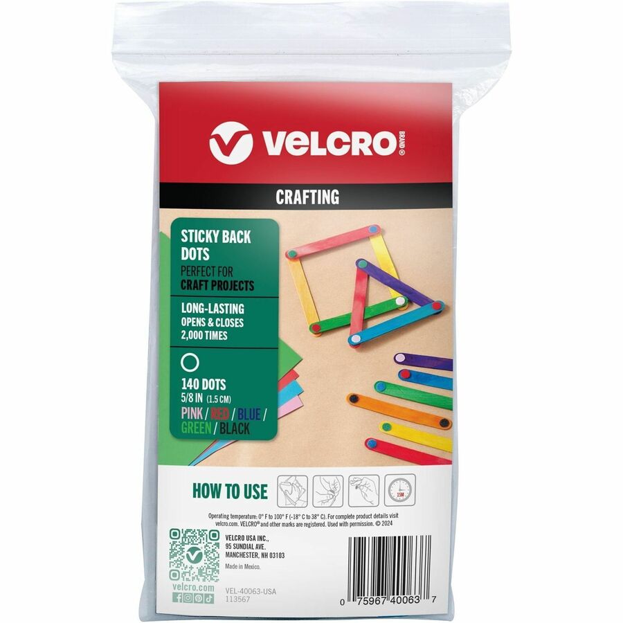 VELCRO®, Sticky Back Hook&Loop Fasteners - Multicolor - Nylon - For Crafting, Wall, Glass, Plastic, Smooth Surface, Home, School, Office, Project, Indoor - 140 / Pack