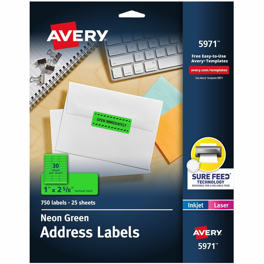 Avery®, Address Label - x 1" Width x 2 5/8" Length - Permanent Adhesive - Rectangle - Laser, Inkjet - Matte - Neon Green - Paper - 30 / Sheet - 25 Total Sheets - 750 Total Label(s) - For Label Printer - 750 / Pack