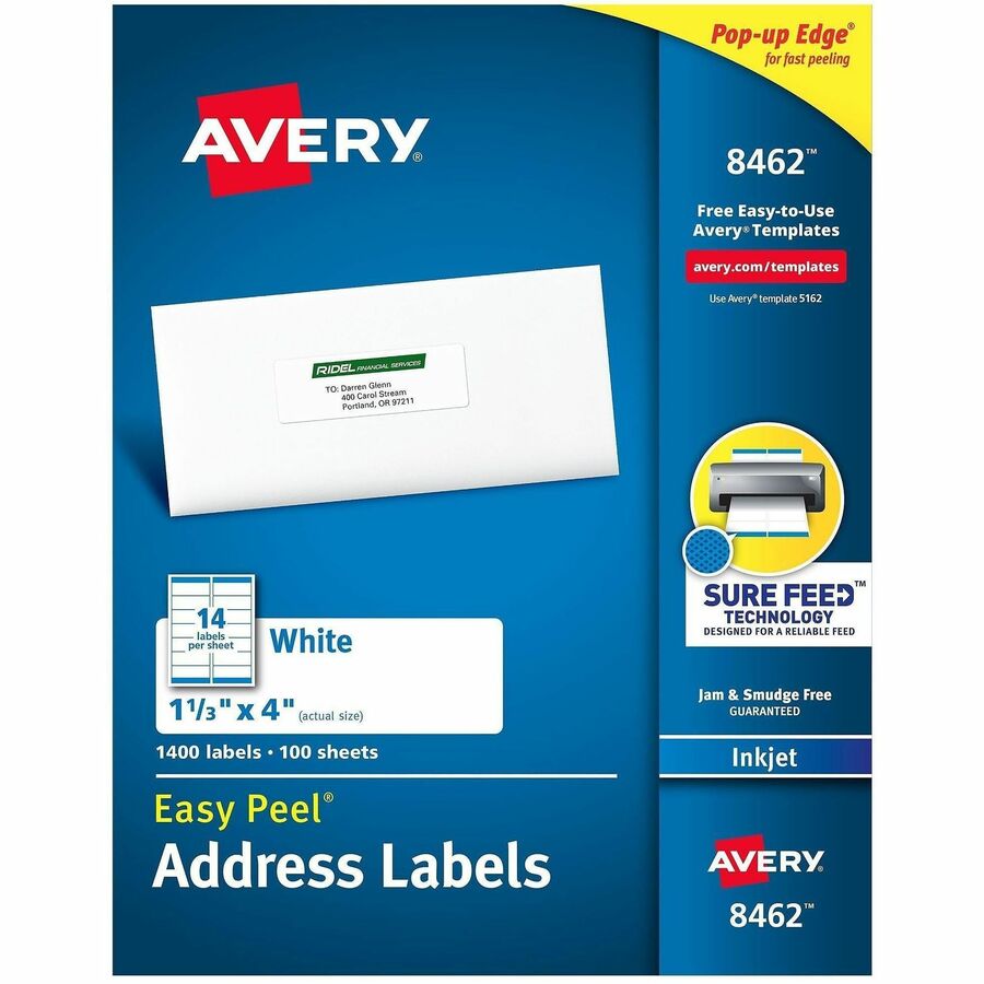 Avery®, Easy Peel Address Labels, 1-1/3" x 4" , 1,400 Labels (8462) - x 1 21/64" Width x 4" Length - Permanent Adhesive - Rectangle - Inkjet - Matte - White - Paper - 14 / Sheet - 100 Total Sheets - 1400 Total Label(s) - For Label Printer - 1400 / Box