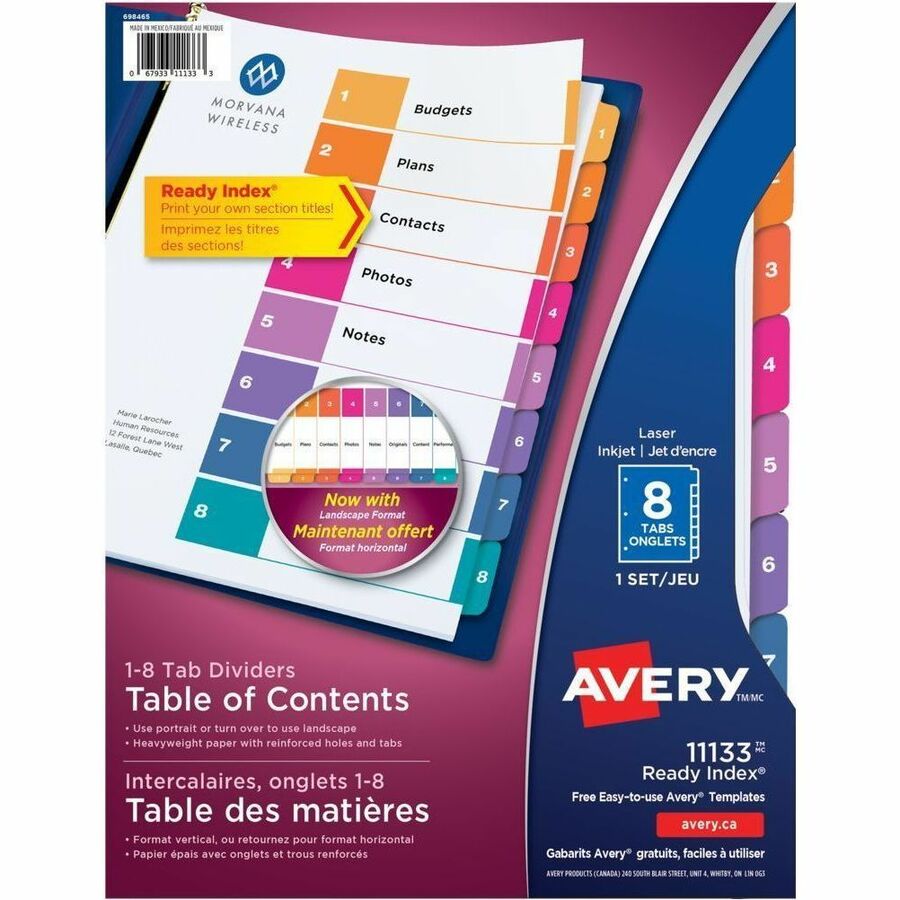 Avery Ready Index Table of Contents Dividers - 8 x Divider(s) - 8 Printed Tab(s) - Digit - 1-8 - 8 Tab(s)/Set - 8.5" Divider Width x 11" Divider Length - 3 Hole Punched - White Paper Divider - Multicolor Paper Tab(s) - 20% Recycled - Pre-printed, Hole...