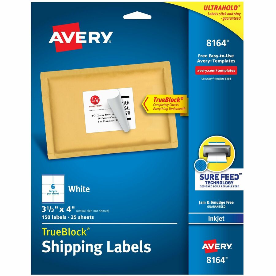 Avery®, Shipping Labels, Sure Feed, 3-1/3" x 4" , 150 White Labels (8164) - 3 21/64" Width x 4" Length - Permanent Adhesive - Rectangle - Inkjet - Matte - White - Paper - 6 / Sheet - 25 Total Sheets - 150 Total Label(s) - 150 / Pack