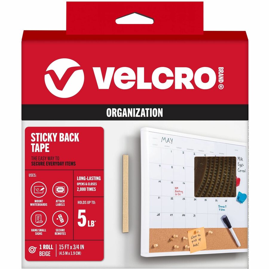 VELCRO®, Sticky Back 15ft x 3/4in Roll Beige - 15 ft Length x 0.75" Width - Beige - Dispenser Included - For Multipurpose, Wall, Home, School, Mounting - 1 Roll
