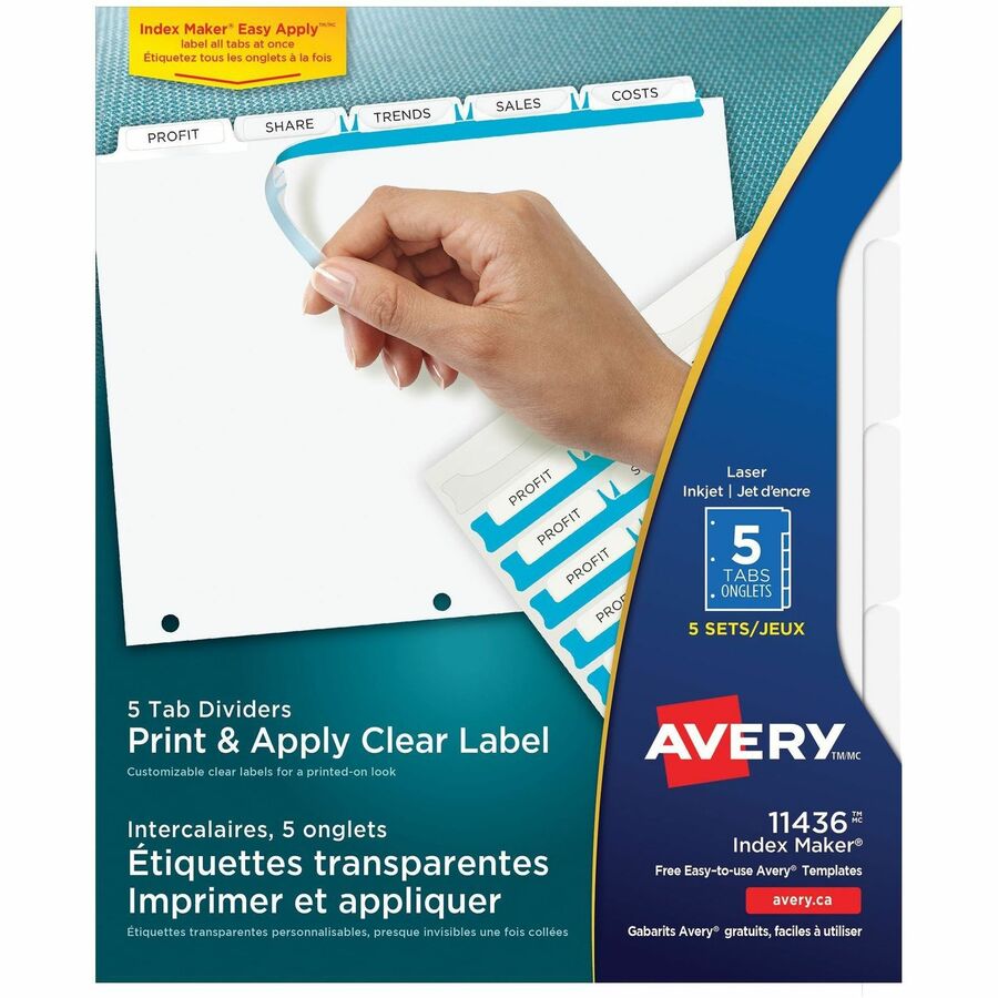 Avery®, Print & Apply Clear Label Dividers - Index Maker Easy Apply Label Strip - 25 x Divider(s) - 5 Tab(s)/Set - 8.5" Divider Width x 11" Divider Length - Letter - 3 Hole Punched - Clear Paper Divider - White Tab(s) - 20% Recycled - Punched, Durab...