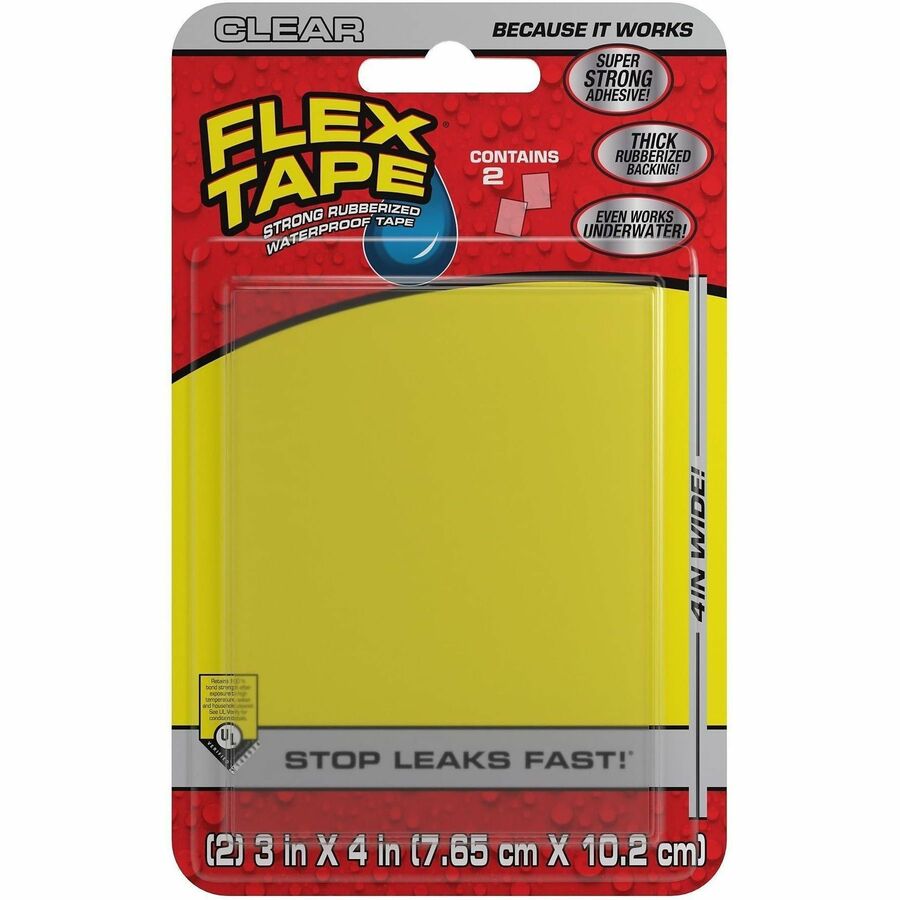 FLEX SEAL Repair Tape - 3" Length x 4" Width - Clear - Rubber Backing - Damage Resistant, Water Proof, Air Proof, UV Resistant, Moisture Resistant - For Repair, Patching, Bonding, Sealing, Multi Surface - 24 / Carton