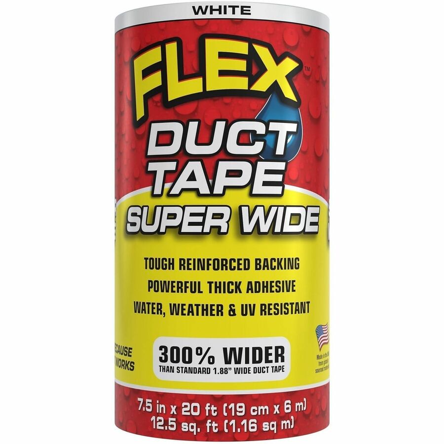 FLEX SEAL Super Wide Duct Tape - 20 ft Length x 7.50" Width - White - Rubber Adhesive - Water Resistant, Weather Resistant, UV Resistant - For Reinforcing, Box, Household, Repair, DIY, Sealing, Drafting, Window, Door, Furniture, Fabric, ... - 3 / Carton