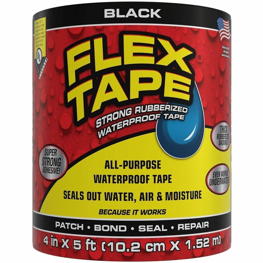 FLEX SEAL Flex Tape - 5 ft Length x 4" Width - Black - Rubber Backing - Water Proof, UV Resistant, Temperature Resistant, Weather Resistant, Air Proof, Water Resistant, Moisture Resistant - For Patching, Bonding, Sealing, Repair, Repairing, Boat, Roofi...