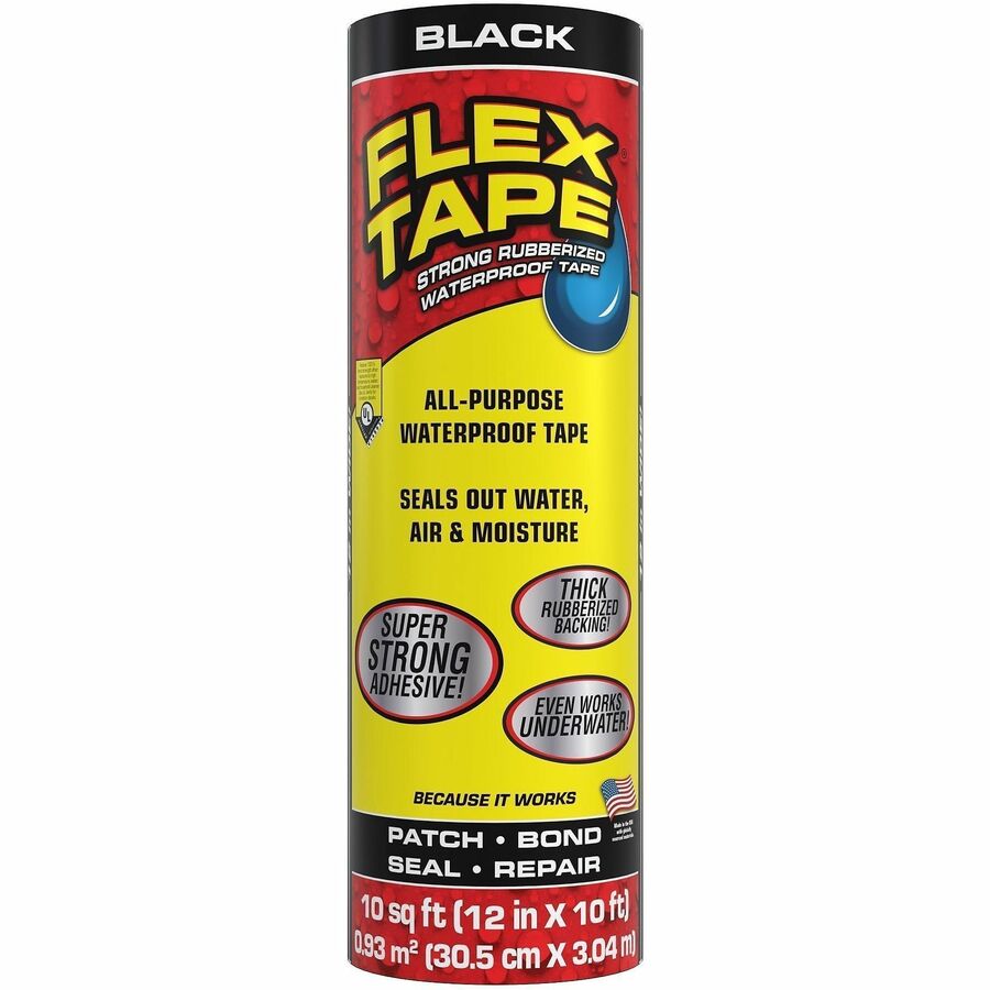 FLEX SEAL Repair Tape - 10 ft Length x 12" Width - Black - Rubber Backing - Water Proof, UV Resistant, Temperature Resistant, Weather Resistant, Moisture Resistant - For Repair, Sealing, Home, Roofing, General Purpose, Bathroom, Project, Multi Surface...