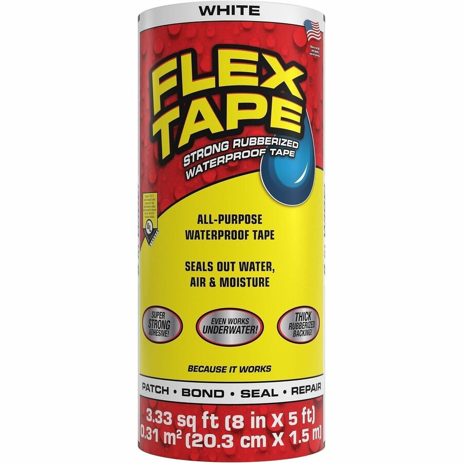 FLEX SEAL Repair Tape - 5 ft Length x 8" Width - White - Rubber Backing - Water Proof, UV Resistant, Temperature Resistant, Weather Resistant, Moisture Resistant - For Repair, Sealing, Home, Roofing, General Purpose, Bathroom, Project, Multi Surface, B...