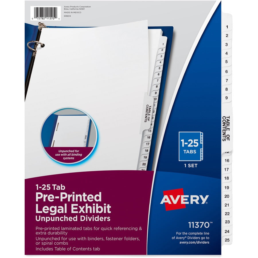 Avery®, Index Divider - 1 x Divider(s) - Side Tab(s) - 1-25, Table of Contents - 26 Tab(s)/Set - 8.5" Divider Width x 11" Divider Length - Letter - 8.50" Width x 11" Length - Paper Divider - White Tab(s) - 20% - 25 / Set
