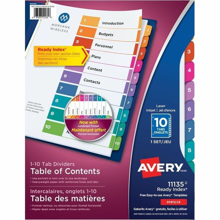 Avery Ready Index Table of Contents Dividers - 10 x Divider(s) - 10 Printed Tab(s) - Digit - 1-10 - 10 Tab(s)/Set - 8.5" Divider Width x 11" Divider Length - 3 Hole Punched - White Paper Divider - Multicolor Paper Tab(s) - 20% Recycled - Pre-printed, H...