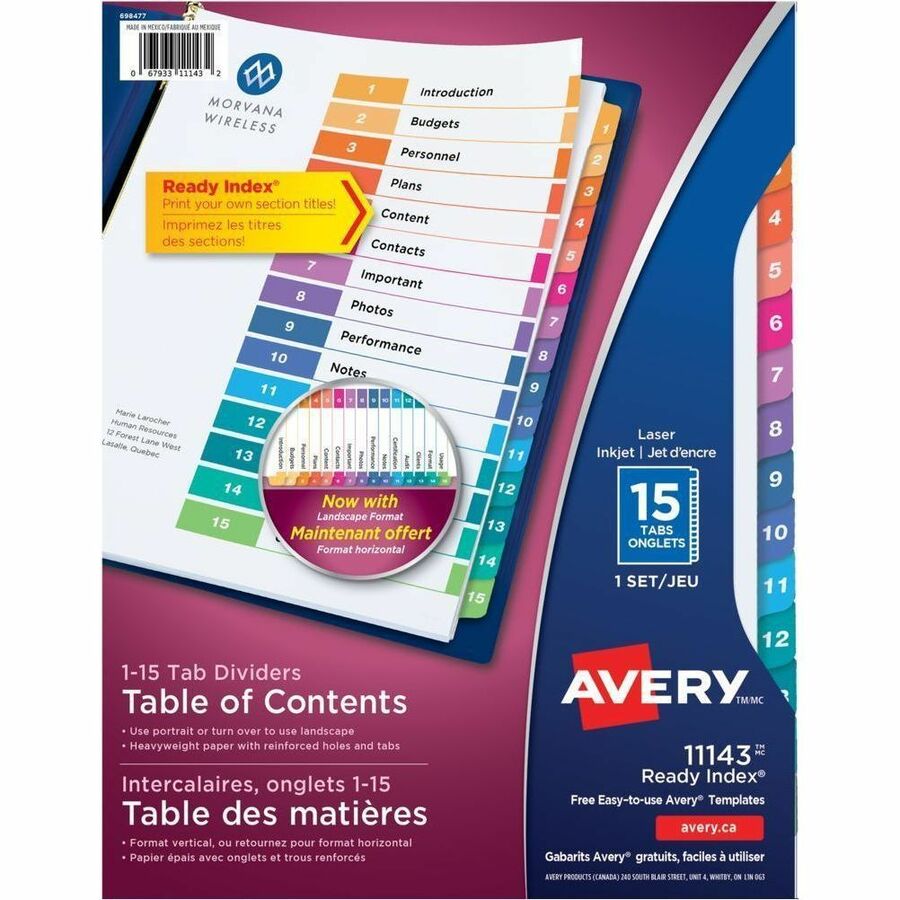 Avery Ready Index Table of Contents Dividers - 15 x Divider(s) - 15 Printed Tab(s) - Digit - 1-15 - 15 Tab(s)/Set - 8.5" Divider Width x 11" Divider Length - 3 Hole Punched - White Paper Divider - Multicolor Paper Tab(s) - 20% Recycled - Pre-printed, H...