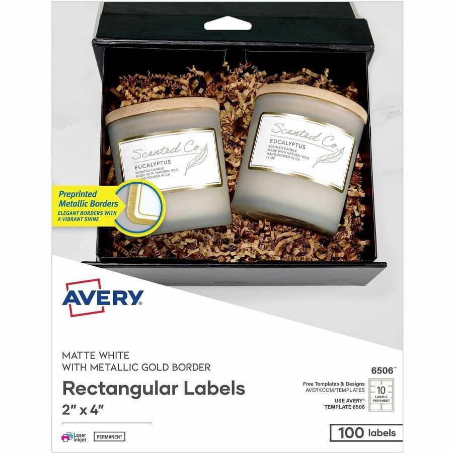 Avery 2" x 4" Labels With Metallic Gold Borders - x 2" Width x 4" Length - Permanent Adhesive - Rectangle - Inkjet, Laser - White - Metallic Gold Border - Foil - 10 / Sheet - For Label Printer - 100 / Pack