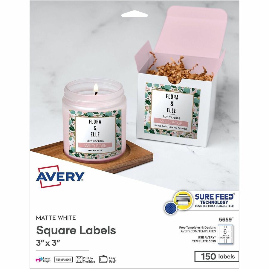 Avery Matte White 3"x3" Square Labels - 3" Height x 3" Width - Permanent Adhesive - Square - Laser, Inkjet - White Matte - Paper - 6 / Sheet - 150 / Pack
