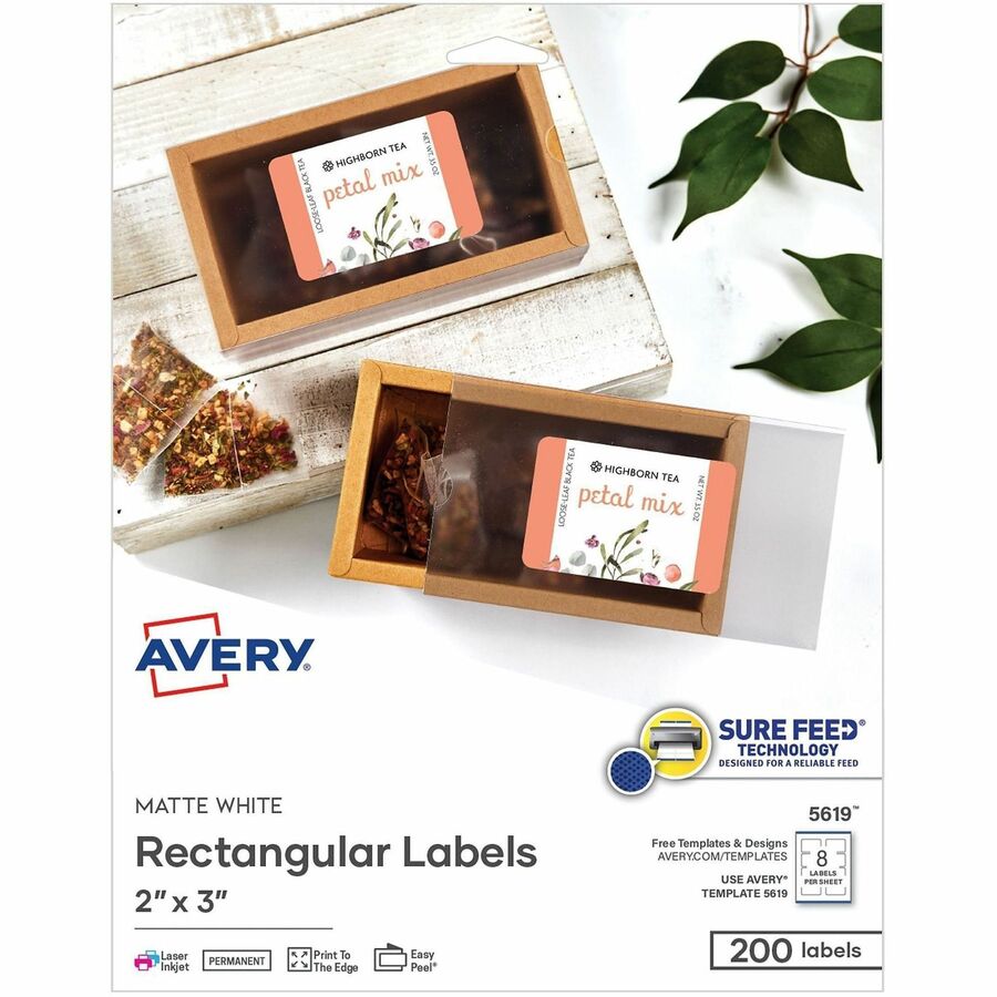Avery Matte White Rectangular Labels - x 3" Width x 2" Length - Rectangle - Inkjet, Laser - Matte - Matte White - 8 / Sheet - For Label Printer - 200 / Pack