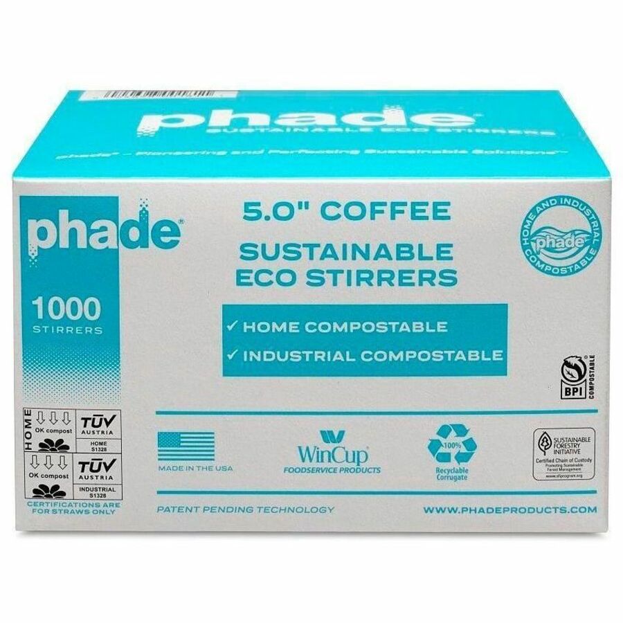 Phade 5" Eco-Stirrers - 5" Length - Polyhydroxyalkanoate (PHA) - Caribbean Blue - 1000/Box - 6 / Carton