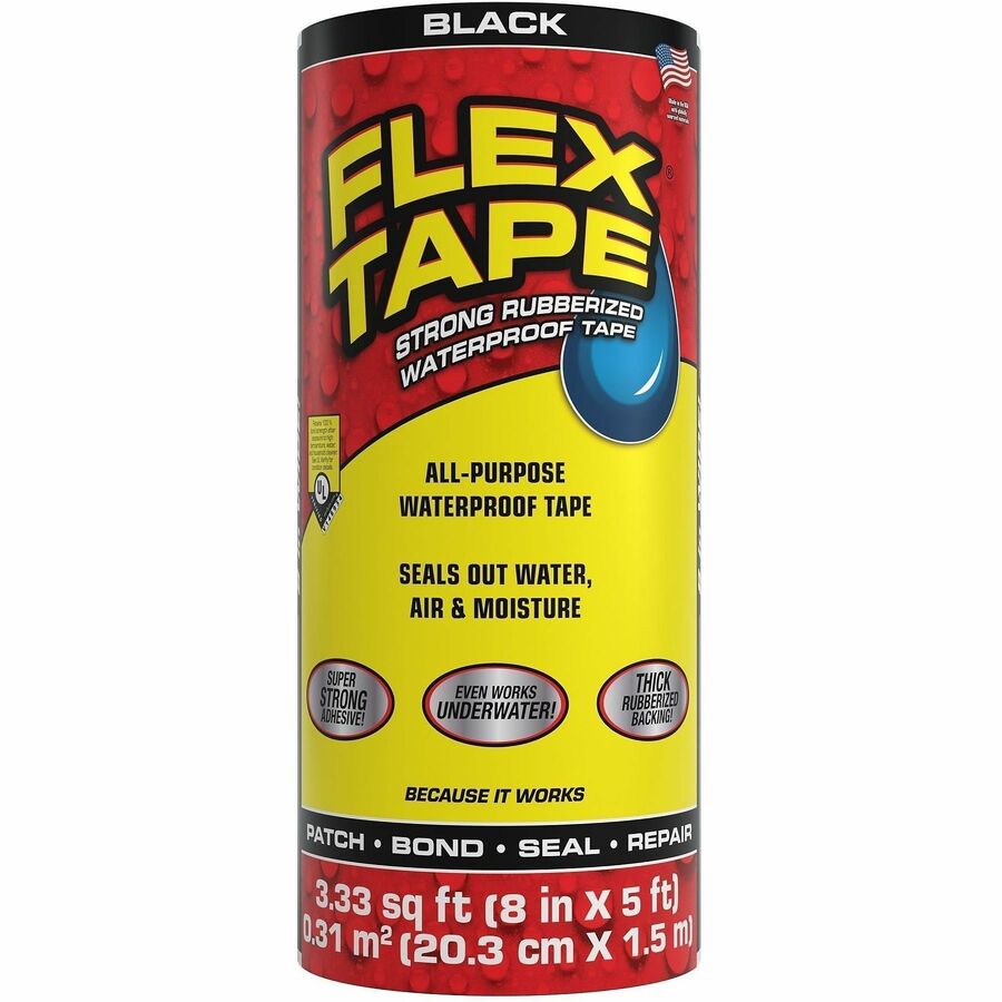 FLEX SEAL Repair Tape - 5 ft Length x 8" Width - Black - Rubber Backing - Water Proof, UV Resistant, Temperature Resistant, Weather Resistant, Moisture Resistant - For Repair, Sealing, Home, Roofing, General Purpose, Bathroom, Project, Multi Surface, B...