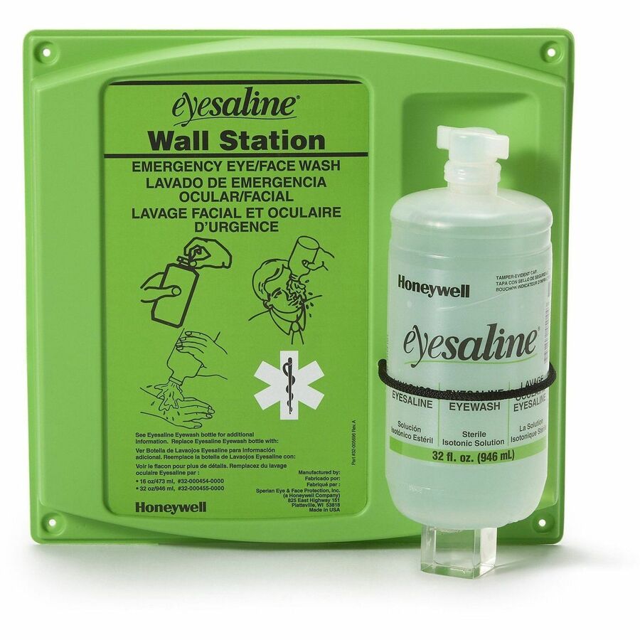 Medline Eyesaline Wall-Mount Eyewash Station - 1 quart - 15" x 25" x 9" - Green - Durable, Tamper Resistant, Dust Resistant, Debris Resistant