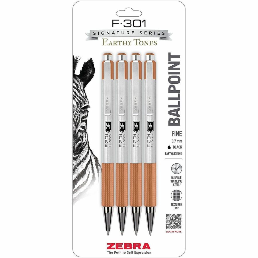 Zebra Pen F-301 EarthyTones Retractable Ballpoint Pens - Refillable - Retractable - Black Ink - Terracota Stainless Steel Barrel - School, Journaling, Writing - 4 / Pack