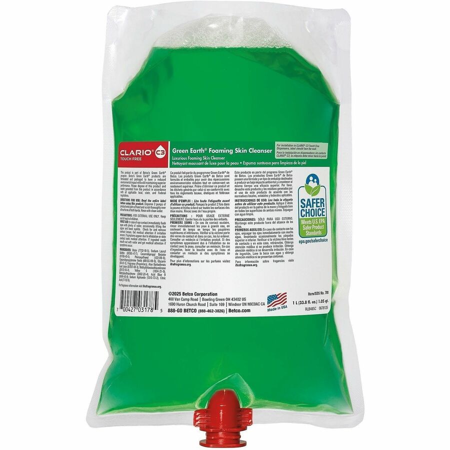 Green Earth Skin Cleanser Refill - Foam - 1.06 quart - Fresh Meadow - Applicable on Hand - Skin - Non-irritating, Moisturising, Gentle - 6 / Carton