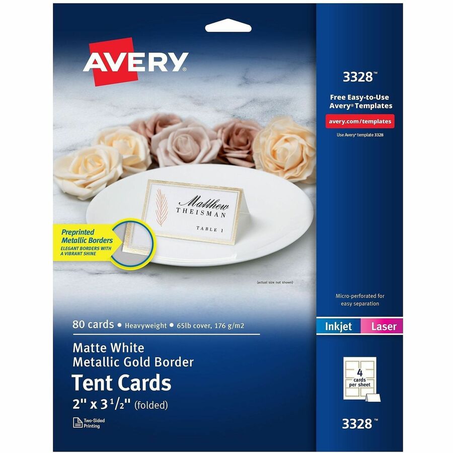 Avery Tent Card - Letter - 8 1/2" x 11" - 65 lb Basis Weight - 176 g/m², Grammage - Micro Perforated, Pre-scored, Printable - White - 80 / Pack