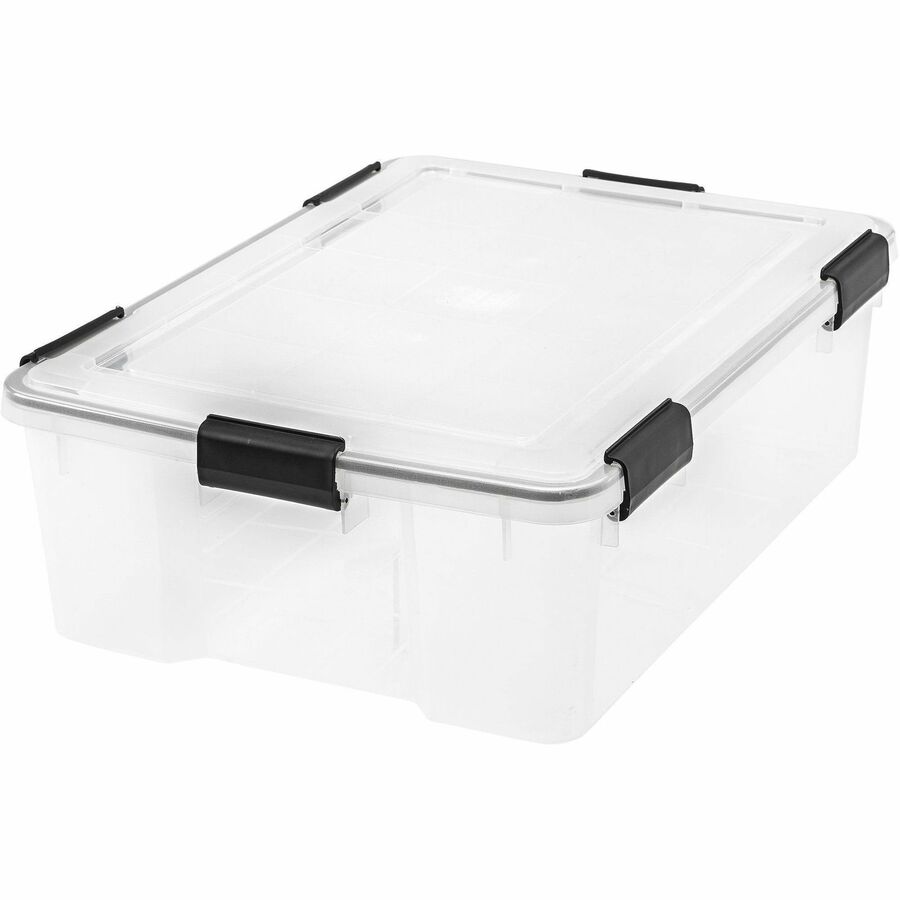 IRIS WeatherTight Heavy-duty Storage Tote - External Dimensions: 23.6" Width x 17.8" Depth x 7.9" Height - 10.30 gal - Lid, Buckle Latch Closure - Heavy Duty - Stackable - Plastic - Clear, Black - For Supplies, Camping Equipment, Clothes - 1 Each