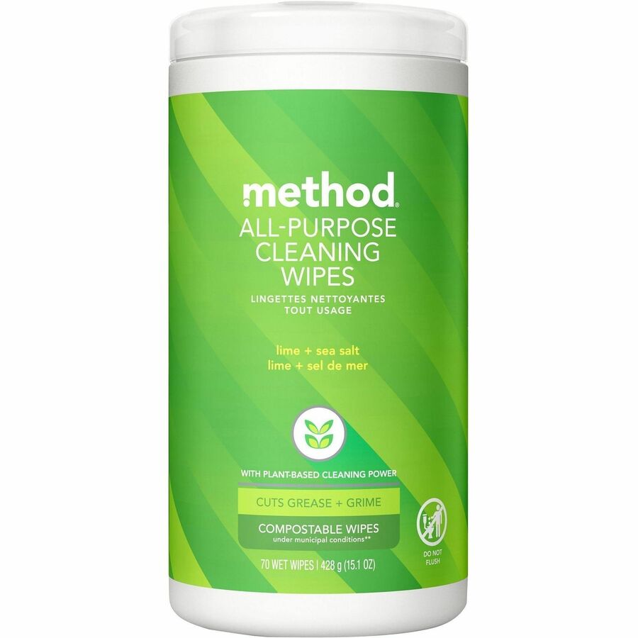 Method All-purpose Cleaning Wipes - For Multipurpose, Multi Surface - Wipe - Lime + Seasalt Scent - Recommended For: Grease Remover, Grime Remover, Spill Remover, Gunk Remover, Dirt Remover - Cruelty-free, Pleasant Scent - Green - 70 Wipes/Tub - 1 Each